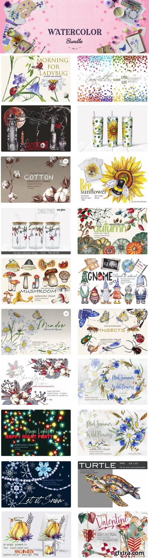 Watercolor Bundle - 20 Wonderful Designs in PNG