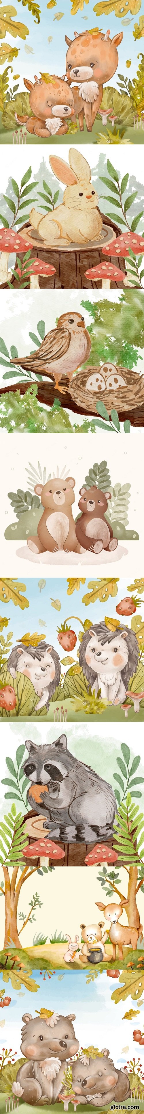 Watercolor forest animals illustration