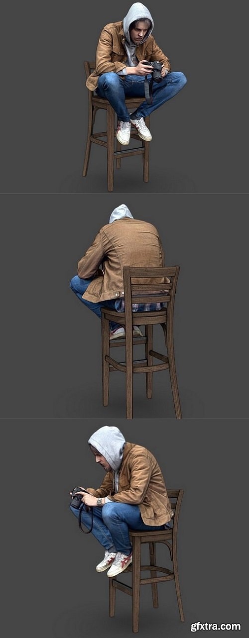 Guy with a camera sitting on a stool 3D Model