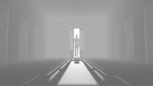 Videohive - A person entering from a white door into a room with many doors. - 39684128 - 39684128