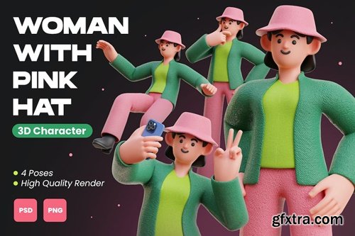 Woman with Pink Hat 3D Character Illustration R6CX3RY