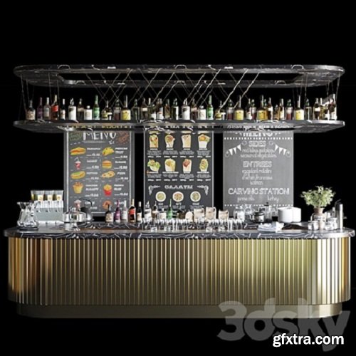 A large design project of a bar counter with strong alcohol, wine and a variety of cocktails. Alcohol