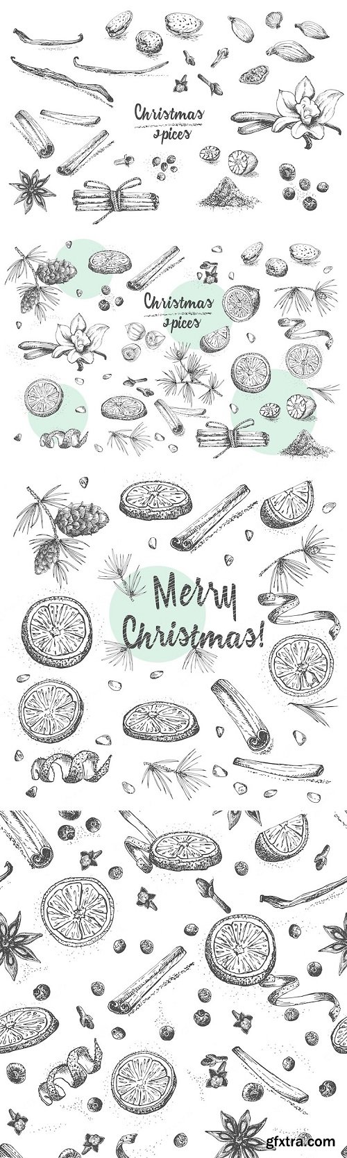 Set of hand drawn christmas winter spices seamless pattern