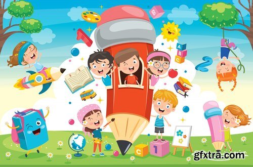 Cute children playing at pencil house Vector