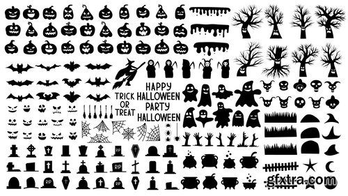 Collection of silhouettes for halloween with creepy pumpkins and scary trees and ghosts