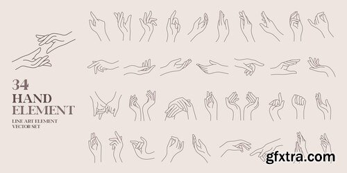 Human hand line art element vector illustration set boho vintage style