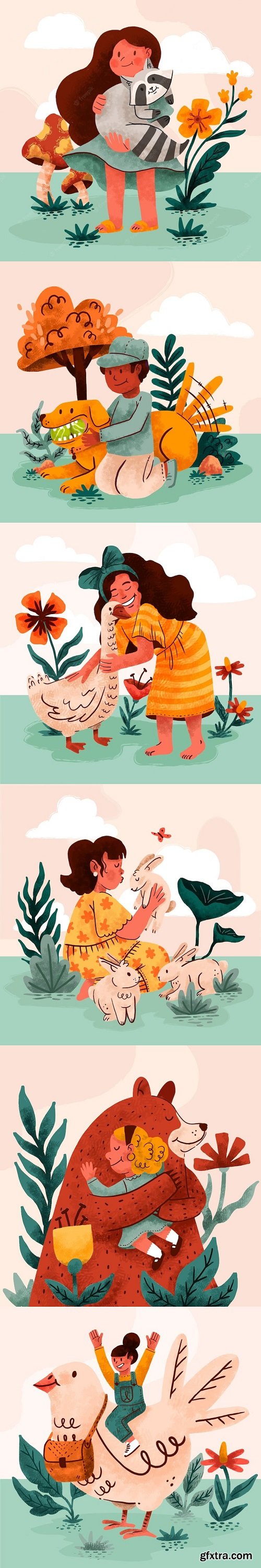 Hand drawn children with animals illustration