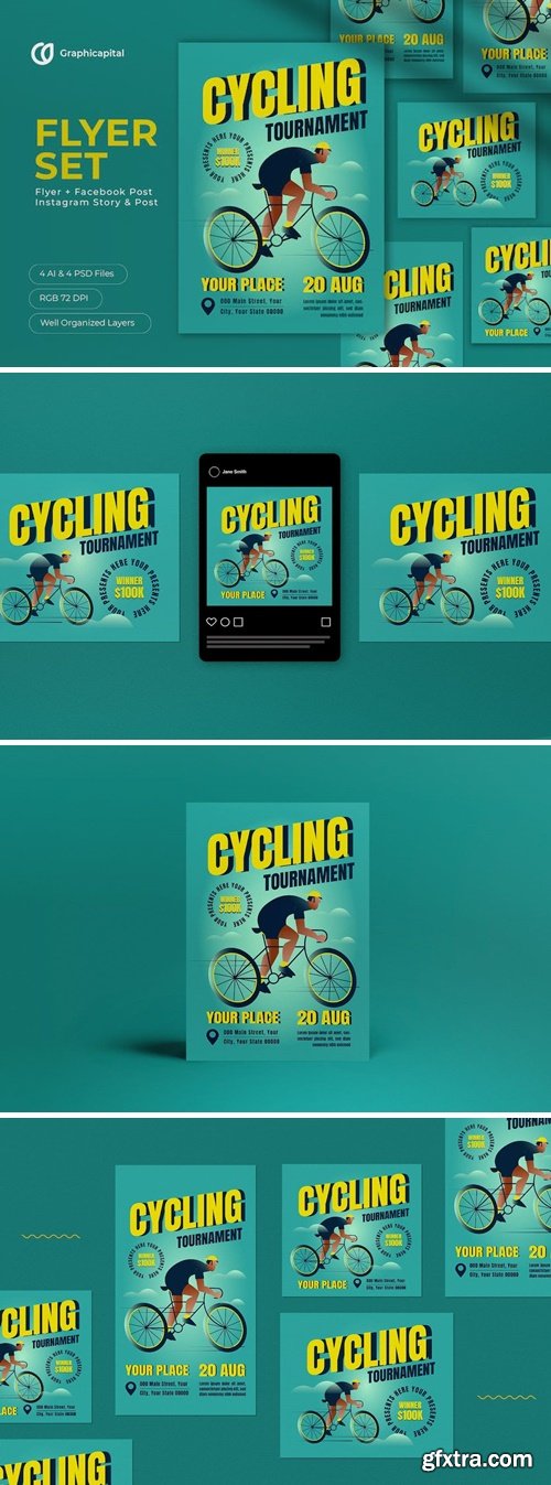 Blue Flat Design Cycling Tournament Flyer Set HFGT2QE