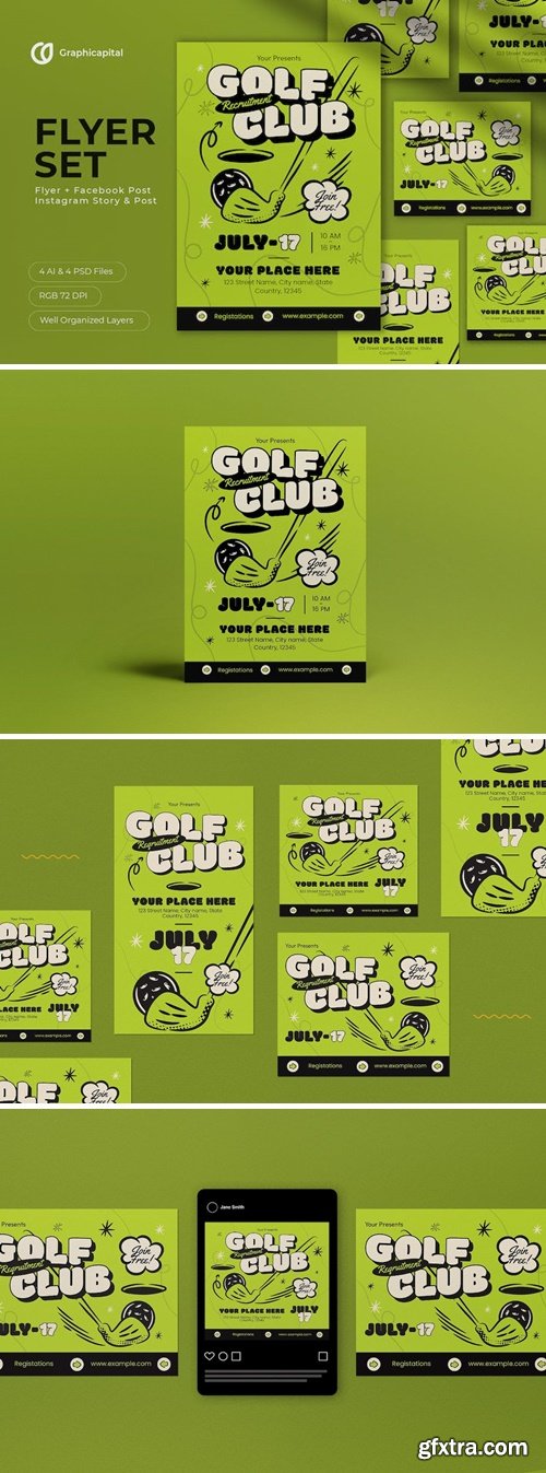 Green Hand Drawn Golf Club Recruitment Flyer Set 6MAESXE