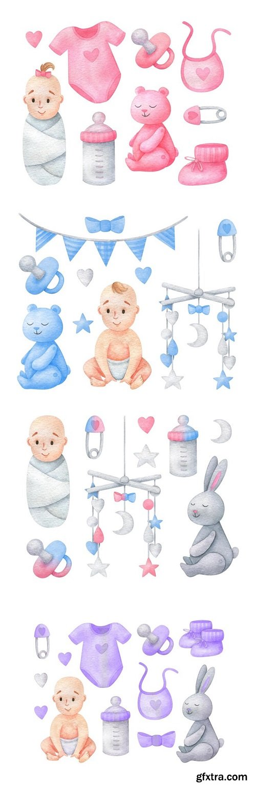 Gender reveal clipart set newborn baby