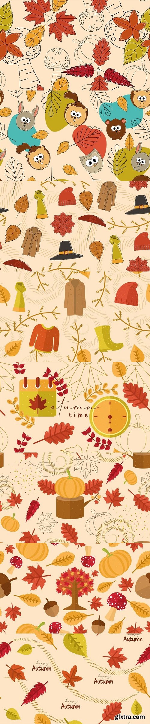 Colored autumn seamless pattern background with trees and pumpkins vector