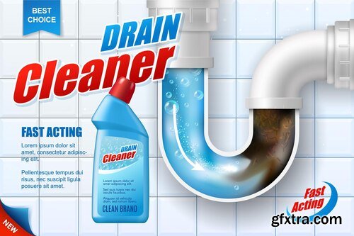 Pipe drain cleaner vector poster detergent