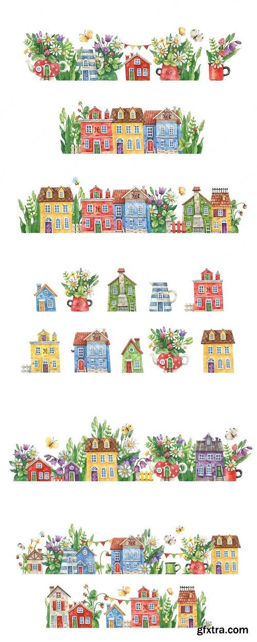 Collection of cute european houses painted in watercolor