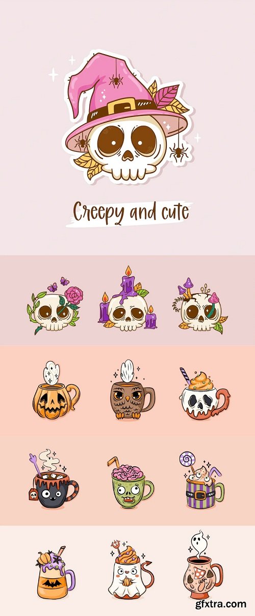 Cute and creepy halloween set & illustrations