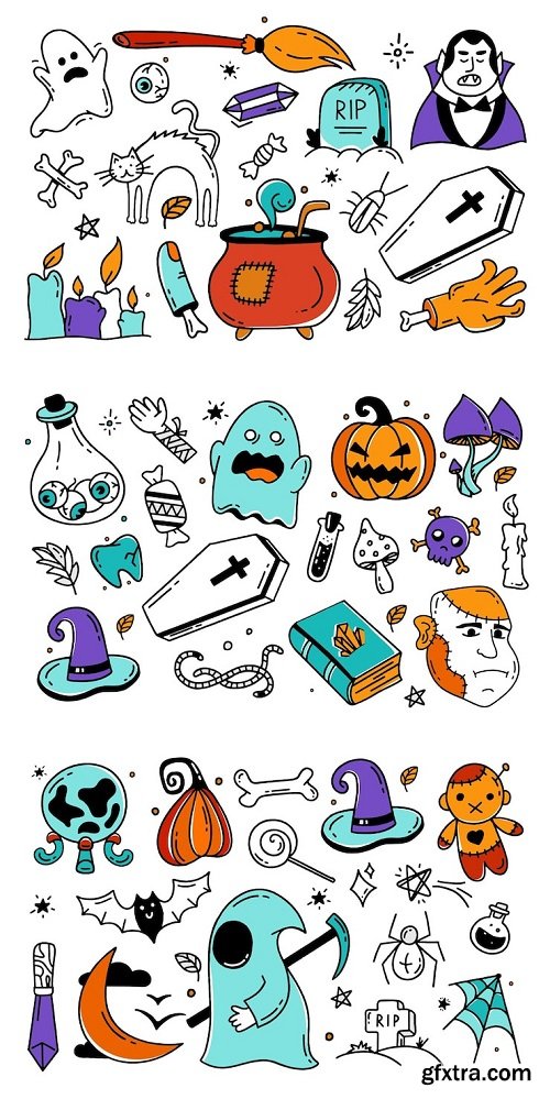 Set of halloween elements doodle style vector design illustration isolated on white