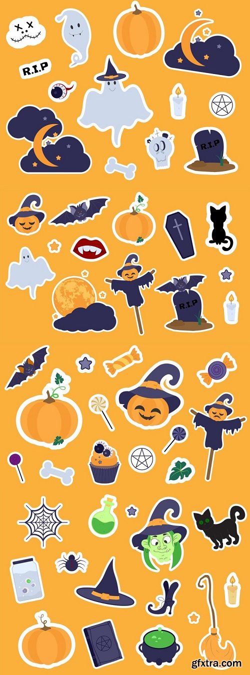 Set of cartoon halloween stickers. hand drawn illustration