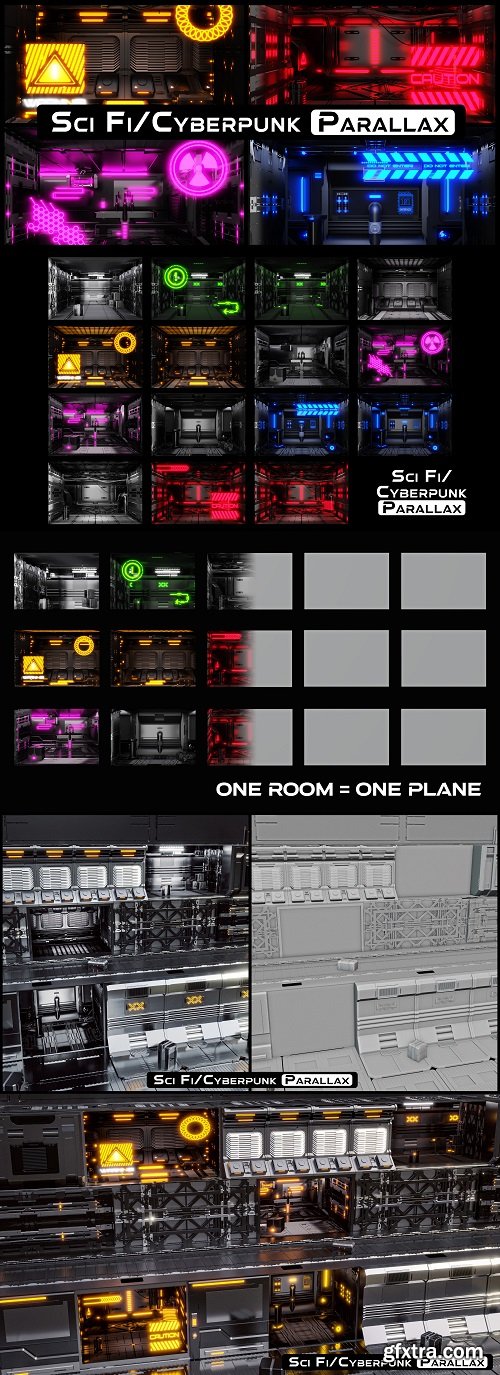 Blender Market - Sci Fi / Cyberpunk Parallax Rooms | One Click Interiors | Kpack