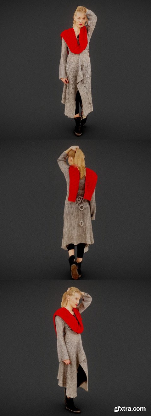 Girl in Knit Grey Dress and Red Scarf Scan 3D Model