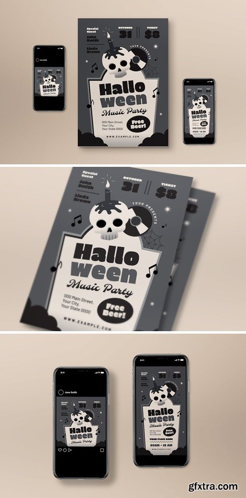 Gray Flat Design Halloween Music Party Flyer Set PAP5E49