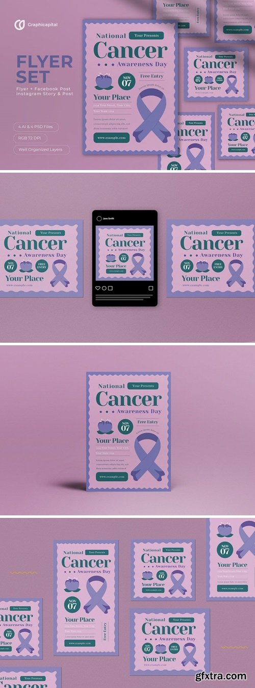 Pink Flat Design Cancer Awareness Day Flyer Set EQJKTNY