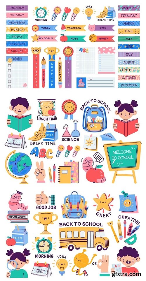 School journal stickers cartoon planner label memo tags cute diary schedule organizer badge bundle