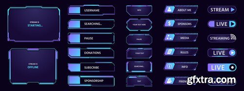 Game stream hud futuristic overlay with frames buttons banners and panels dashboard popup window layout