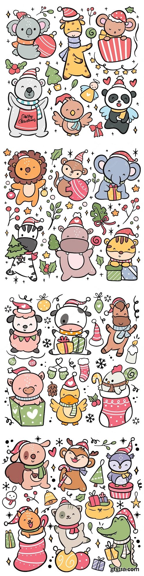 Set of hand drawn cartoon christmas animal vector illustration