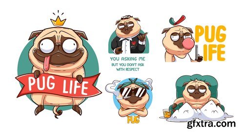 Funny pug sticker set illustrations for tshirts posters sweatshirts and souvenirs