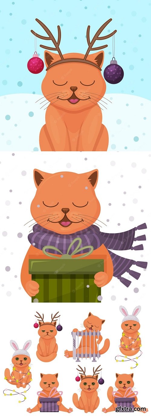 Collection of winter cats merry christmas illustrations