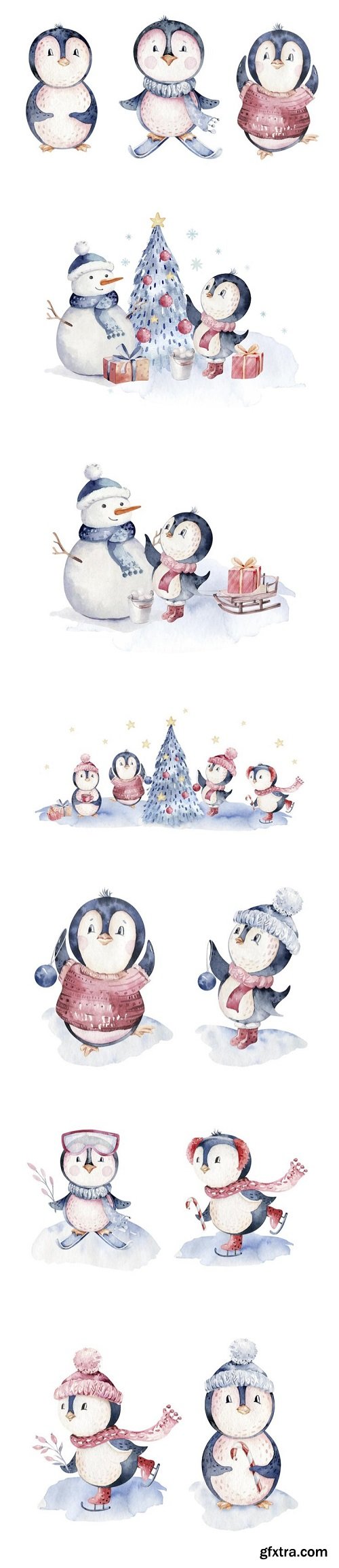 Watercolor christmas character penguin illustration winter cartoon