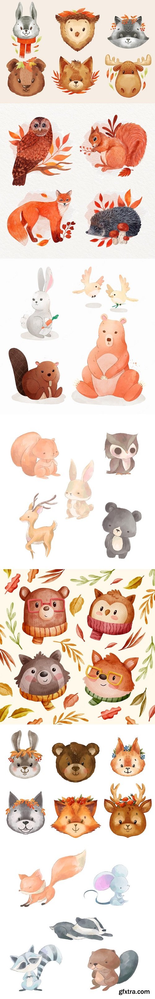 Watercolor autumn animals collection