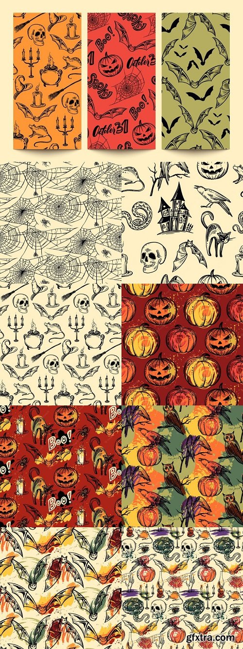 Vector halloween seamless pattern with hand drawn elements and abstract texture