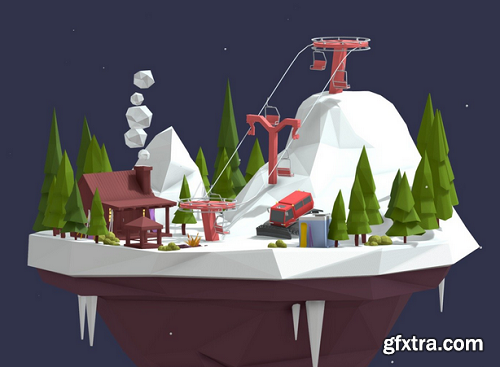 Cartoon Low Poly Slope Resort 3D Model