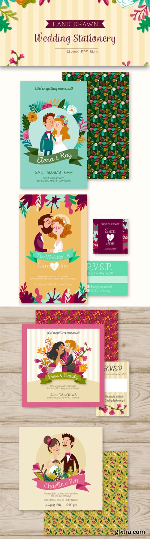 Colorful Hand Drawn Wedding Stationery Vector Templates