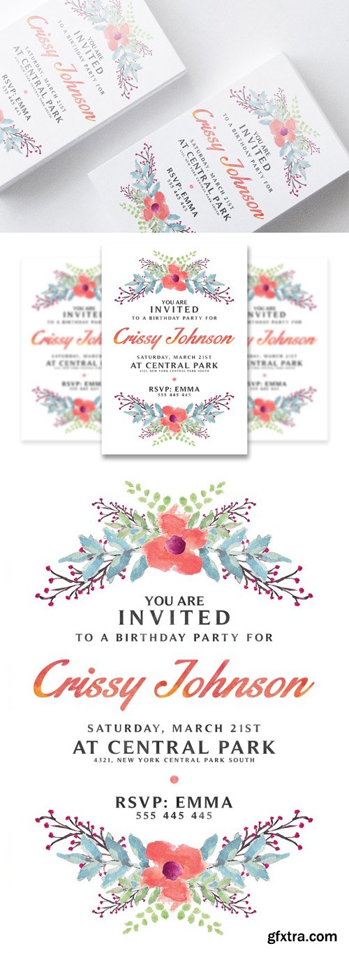 Hand Painted Watercolor Wedding Invitation PSD Template