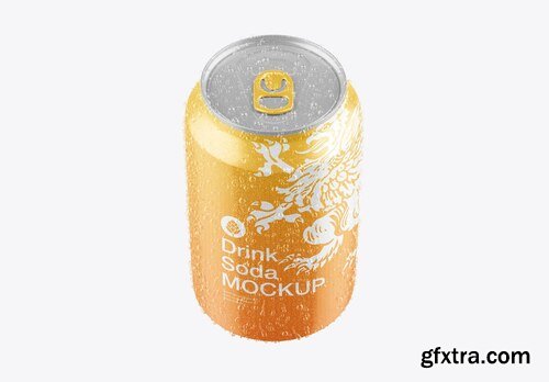 Glossy metallic can with drops mockup