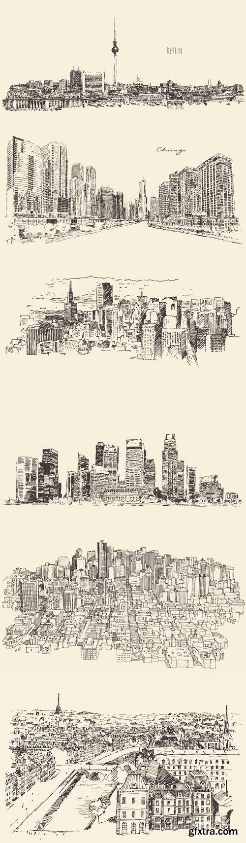 Different big cities, architecture, engraving vector illustration