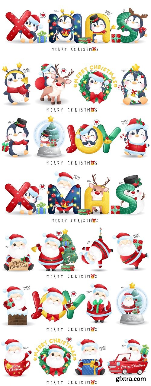 Cute doodle penguin for merry christmas illustration set