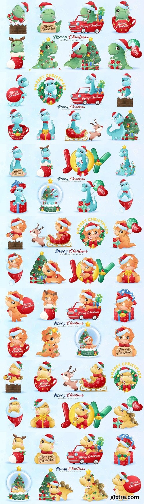 Cute dinosaur for merry christmas with watercolor illustration set