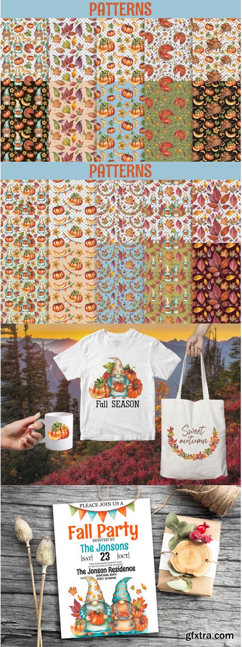 35 Watercolor Gnomes Autumn Cliparts + 10 Patterns