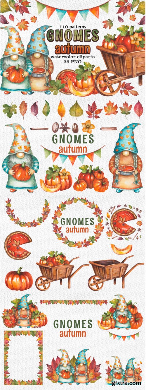 35 Watercolor Gnomes Autumn Cliparts + 10 Patterns