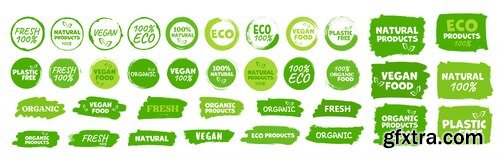 Labels and emblems organic, natural, healthy food, fresh and vegetarian food