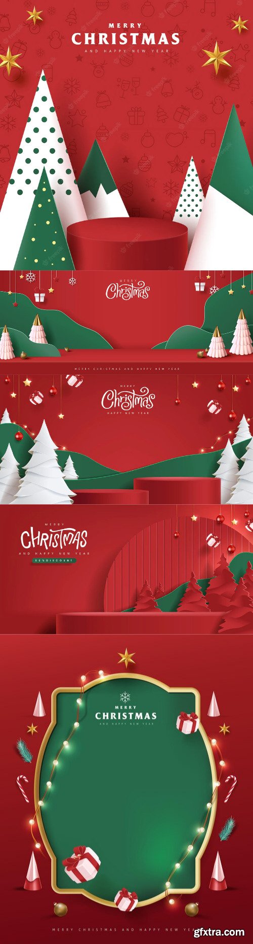 Merry christmas banner with product display and festive decoration for christmas red background