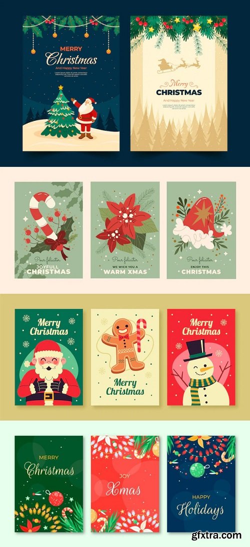 Flat merry christmas greeting cards set