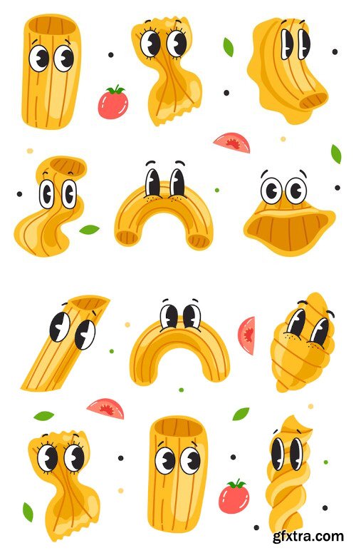 Pasta macaroni cartoon characters face expressions isolated set graphic design element