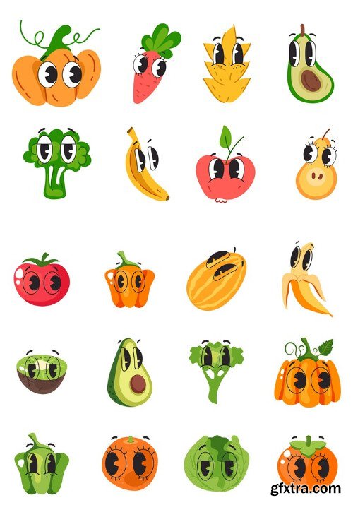 Fruit vegetable character cartoon face expression comic style emotion isolated set