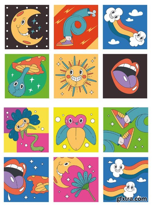Psychedelic emoji shapes retro comic cards posters isolated set graphic design illustration