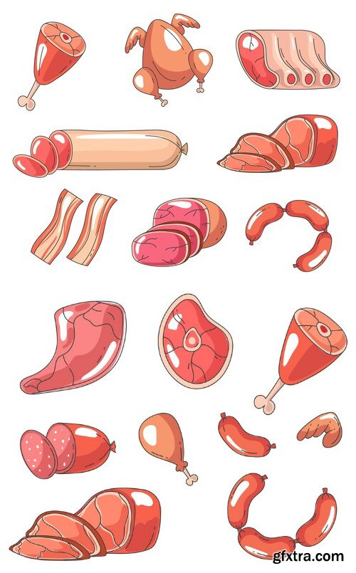 Meat chicken sausage pork beef ham line art abstract isolated set collection graphic design