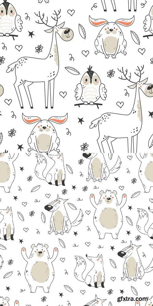 Forest animal woodland seamless cute pattern cover background line art concept