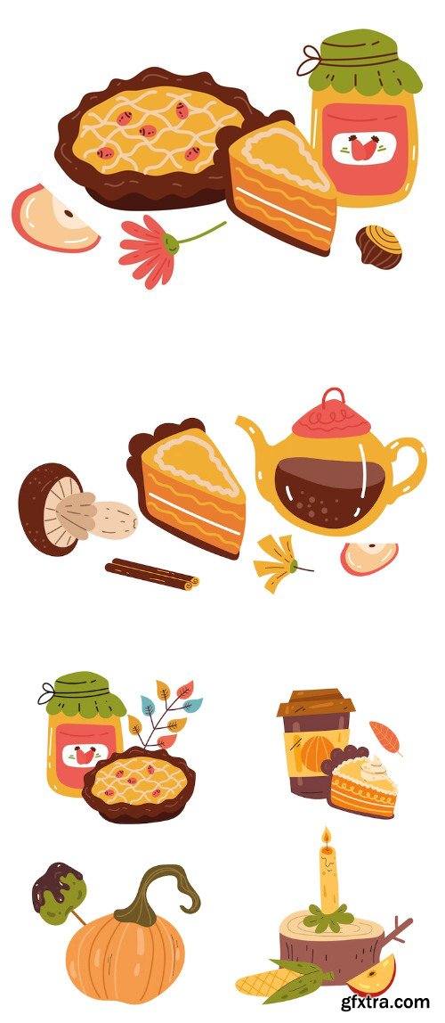 Autumn forest meal with pie and hot drink concept cartoon design element illustration